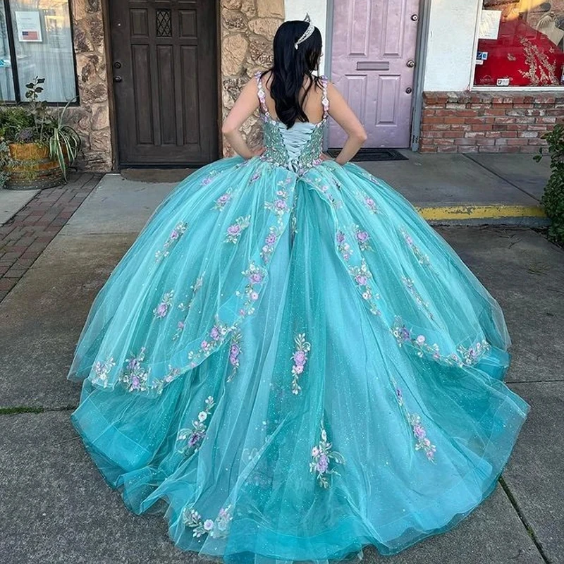 Aqua Blue Quinceanera Dresses Appliques Lace Tull Ball Gown Birthday Gown Lace-Up Sweet 16 Dresses vestidos 15 de