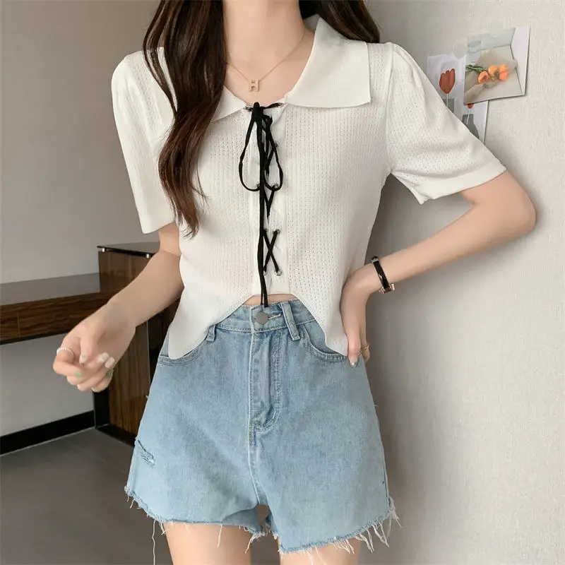 Contrast Color Polo Collar Shoulder Knitted Short Sleeves T-shirt Women's Summer Slim-Fitting Design Lace-up Short Crop Top D567