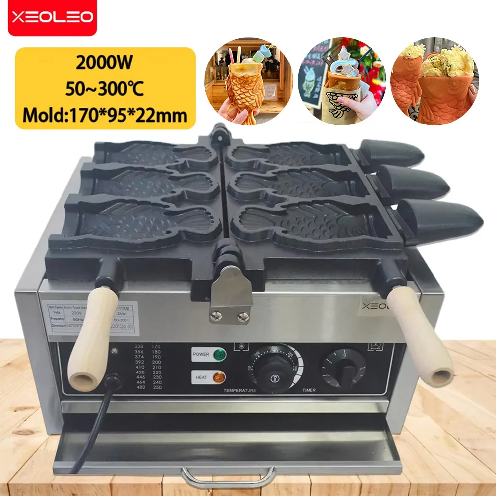 XEOLEO Ice cream Taiyaki machine Electric Waffle maker Open mouth Fish shaped cake maker 3pcs Non-stick pan Snack equipment