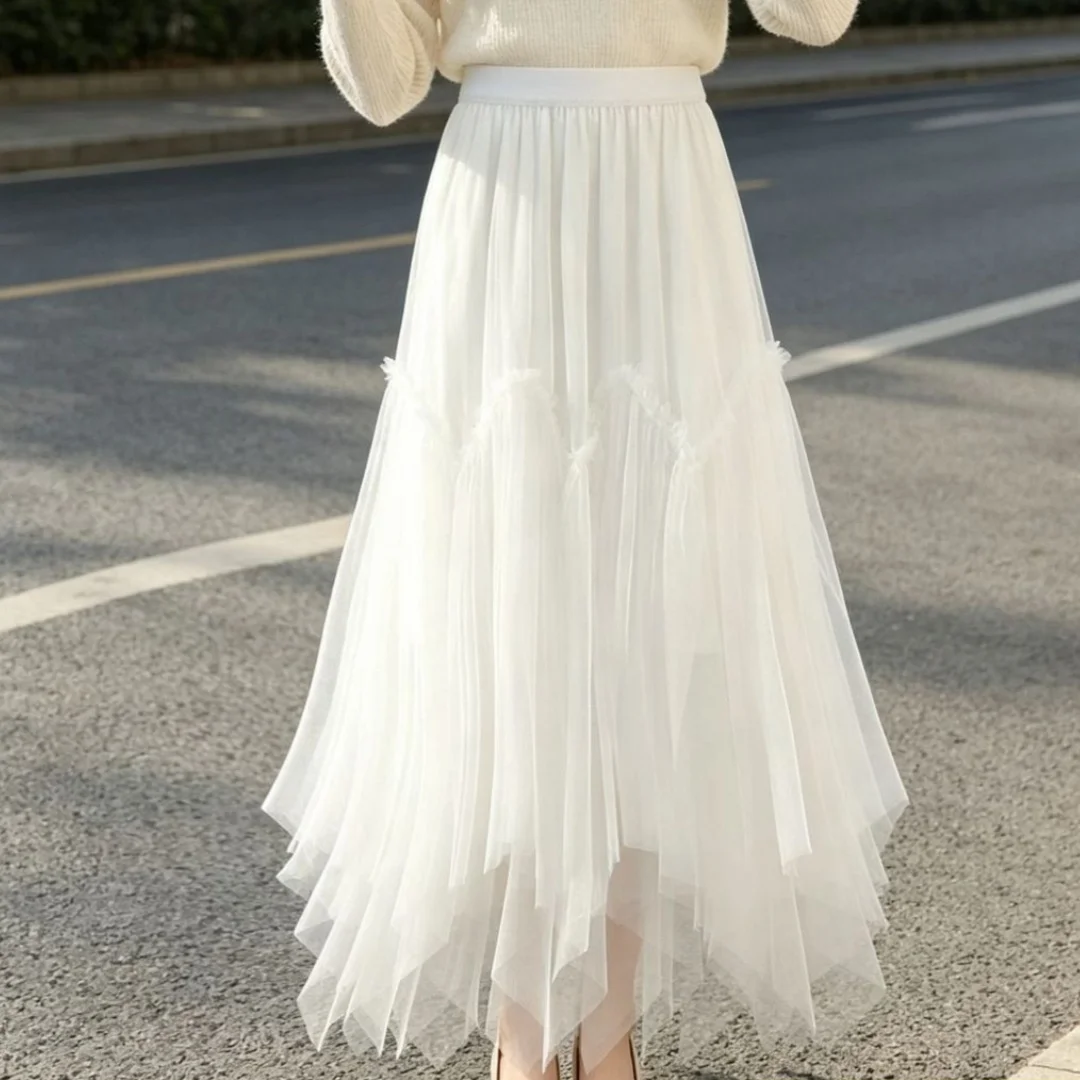 Eleganter Tüll-Midirock, Feenartiger Netzrock, unregelmäßiger, flauschiger Rock, Party-Herbst-Ballkleid, süßer, gestufter Rock mit elastischem Bund, A-Linie – Detail 3
