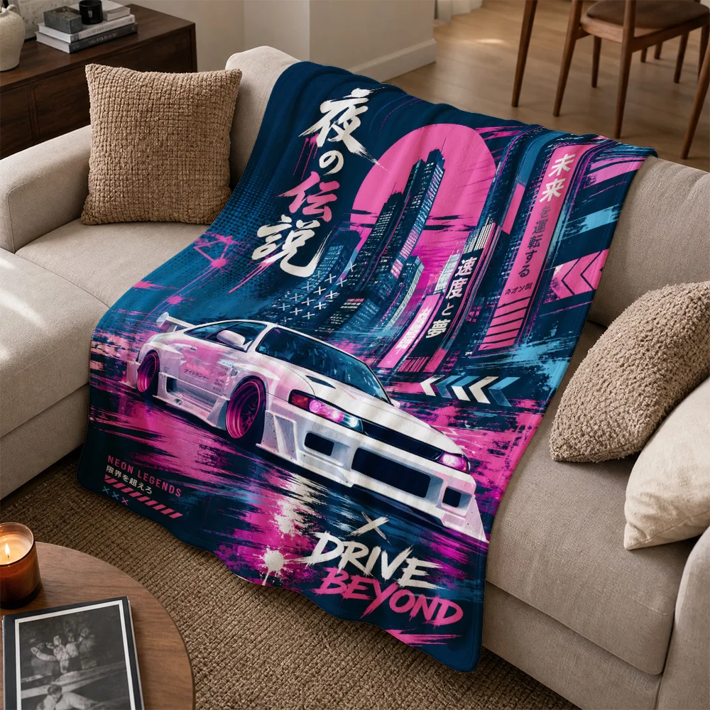 Premium Cyberpunk Neon Car Themed Throw Blanket Japanese Anime JDM Style Couch Cover Modern Futuristic Sofa Decor Gift for Boy G