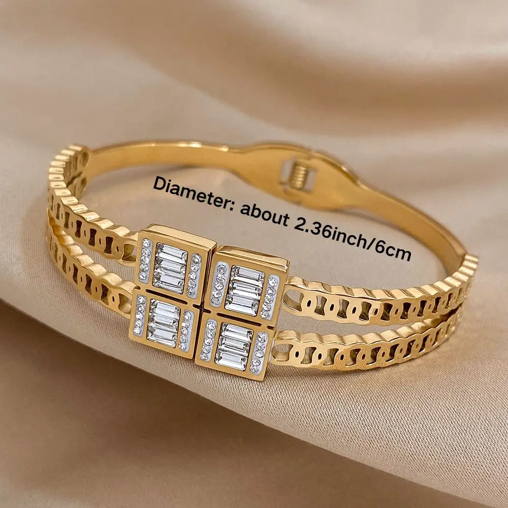 Luxury White Square Synthetic Zircon Stainless Steel Bracelet Bangle for Women Cuff Waterproof Jewelry Stackable Bangles Gifts
