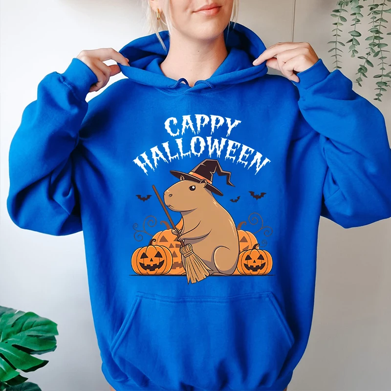 Cappy Capy Halloween Capybara Kawaii Printed Women's Autumn and Winter Hoodies Plus Velvet Sweater Loose Tops