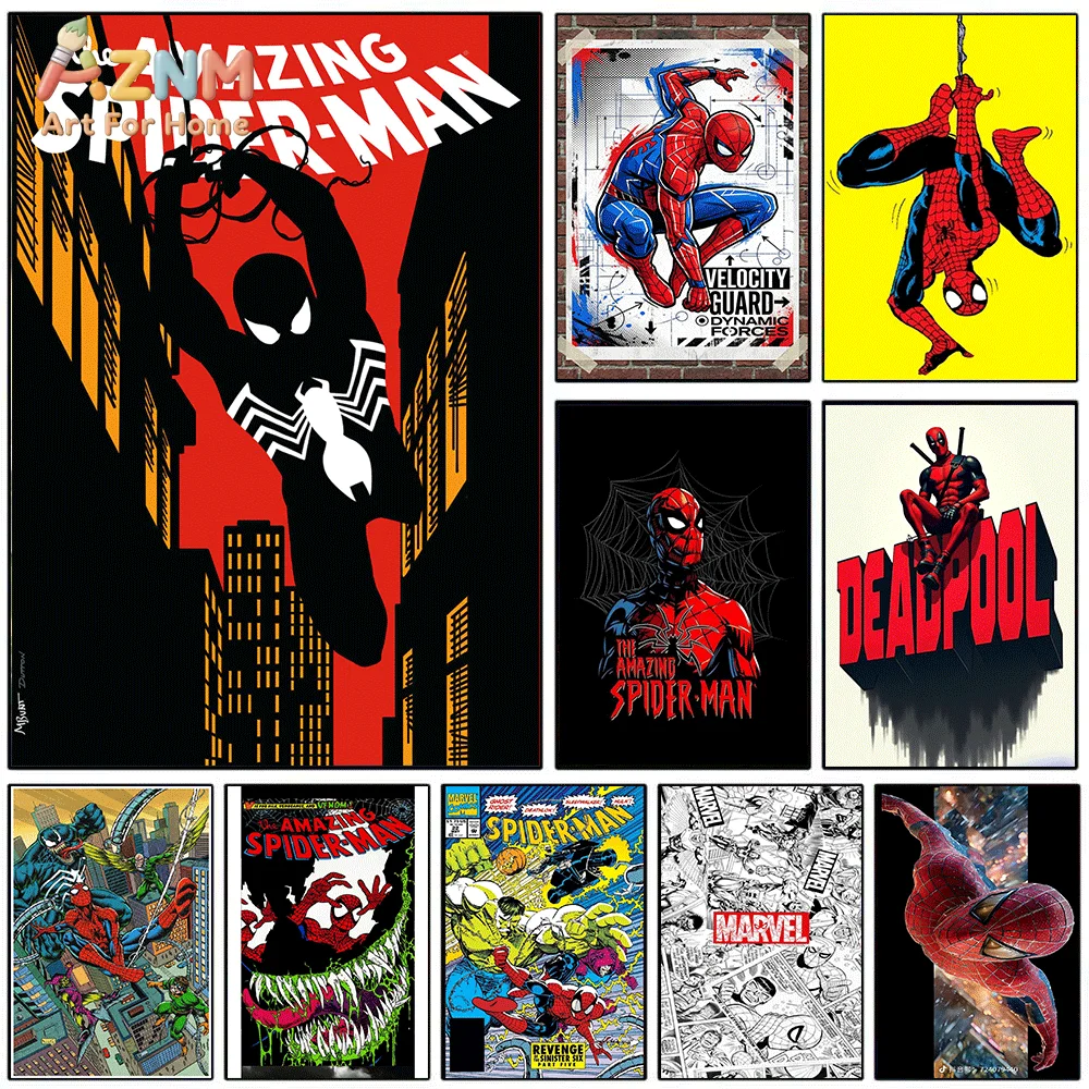 AZNM Black Suit Spiderman Silhouette Hanging On City Skyscraper Canvas Wall Print, Retro Comic Cover Red Black Tone Graphic Ar