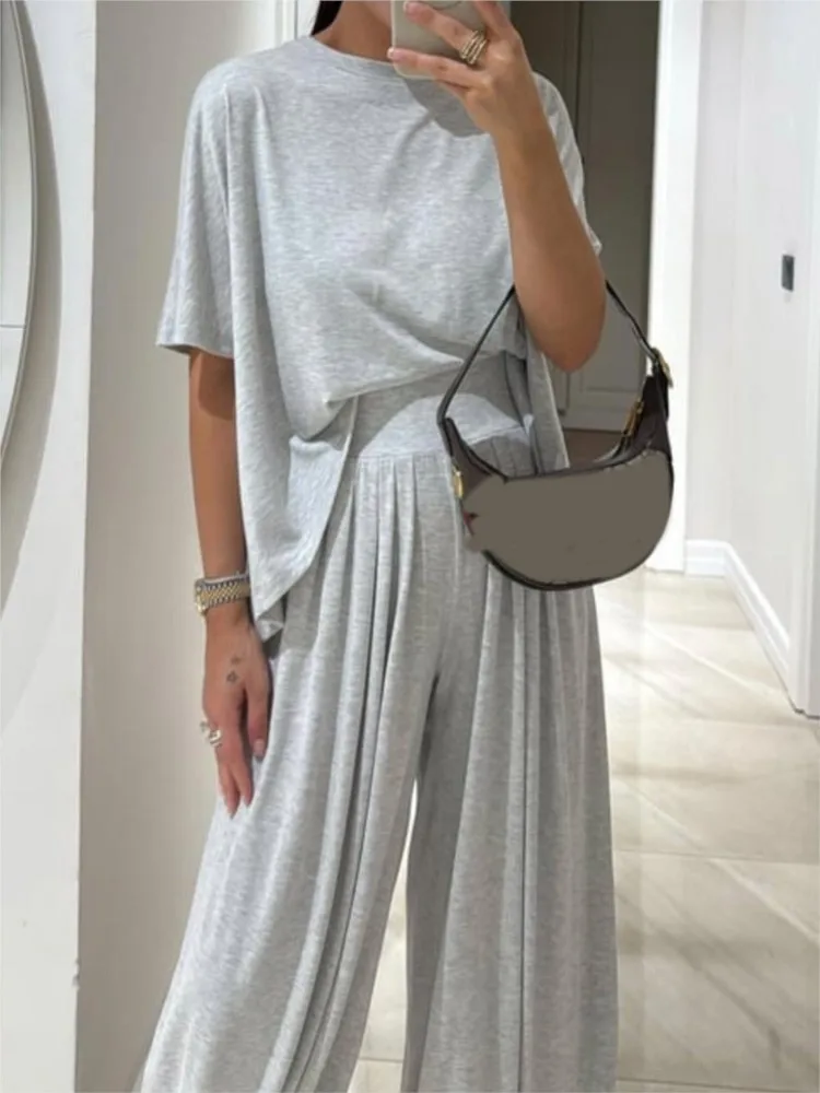 

Fashion Solid Loose Two Piece Outfits Woman Casual Office O Neck Short Sleeve Tops+High Waist Wide Leg Pants Womens Clothing New