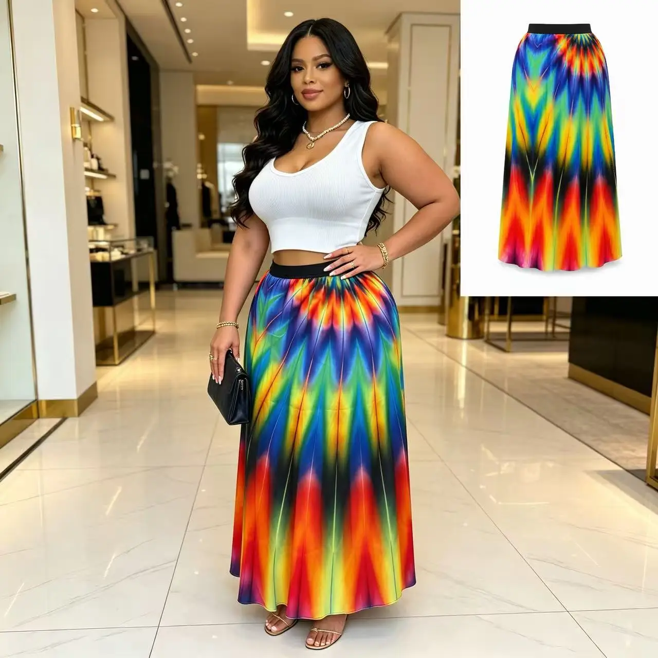 Women's plus Size Colorful Rainbow Geometric Print Maxi Skirt High Waist Elastic Flowy A-Line Long Skirt for Summer Beach Party