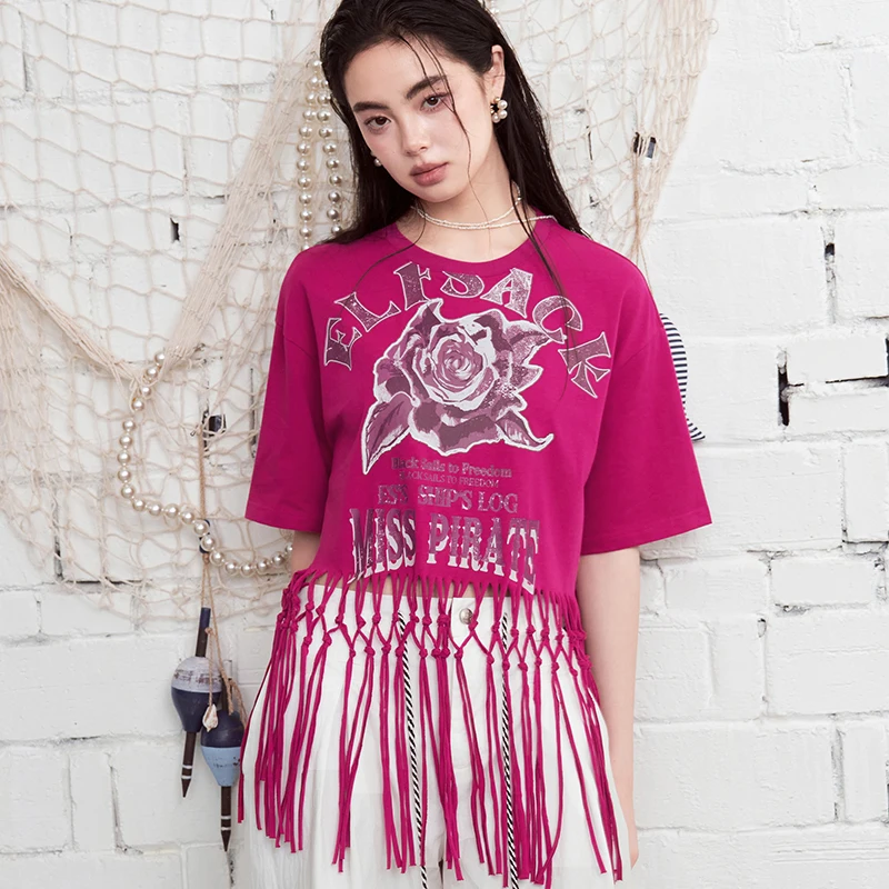ELFSACK Rose Print Fringe Cropped T-Shirt, Oversized Short Sleeve Tee with Macrame Hem