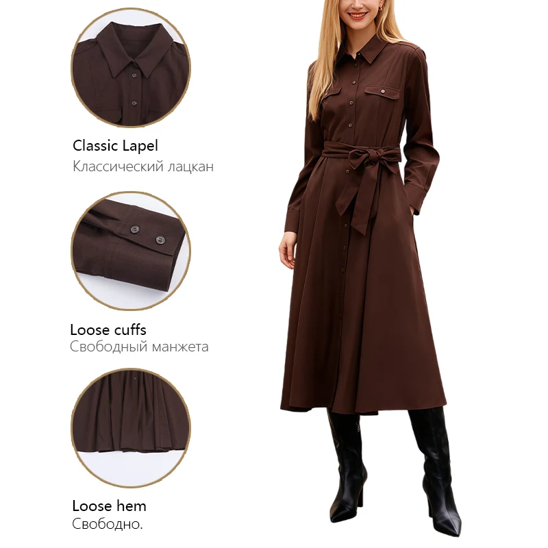 Womens Dress With A Waist Belt Waist Cinching Lapel Collar Long Sleeves Shirt Style Dress A Must Have Item For Spring And Autumn