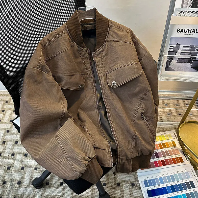 

Juspinice Spring and Autumn Corduroy Baseball Collar Jacket for Men Used Casual American High Street Japanese Retro Youth Jacket