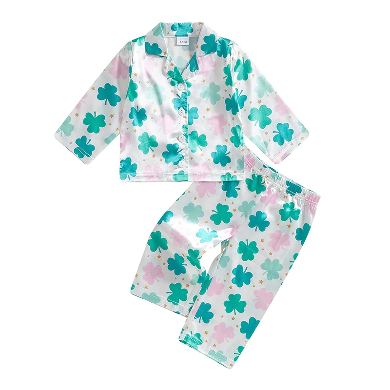 Baby Girls Irish Day Pajamas Shamrock Print Button Long Sleeves Shirt with Elastic Pants for Loungewear Sleepwear