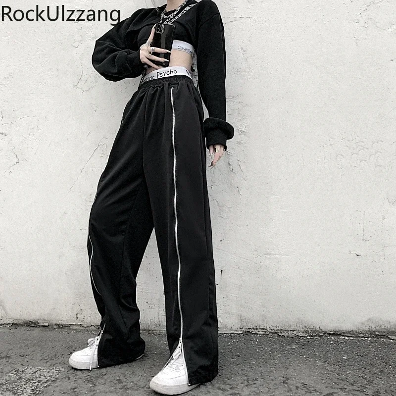 

Front Zipper Up Split Techwear Elastic High Waist Straight Cargo Jogger Pant Women Summer Sweatpant Trouser Fashion Streetwear