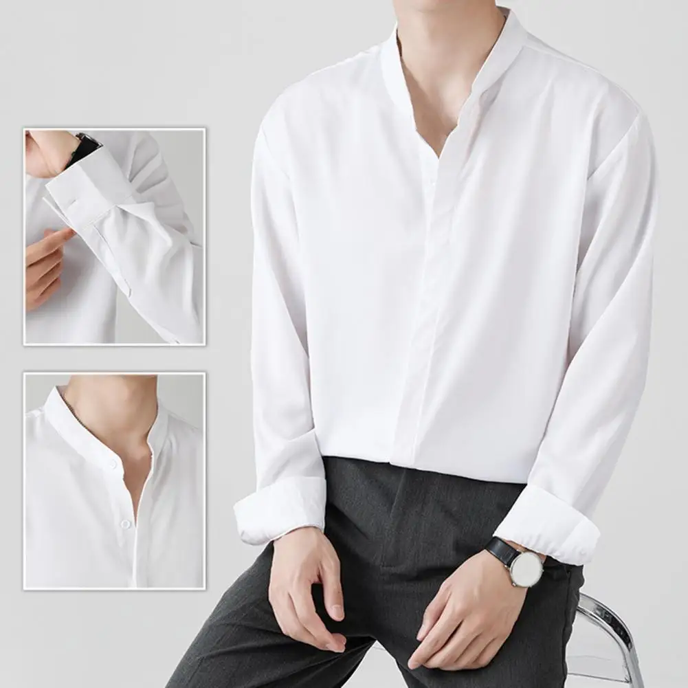 Stand Collar Shirt Men's Single-breasted Stand Collar Formal Business Shirt Slim Fit Pure Color Soft Breathable Long Sleeve Fall