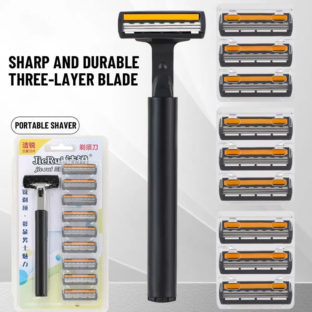 Maquinilla de afeitar de seguridad para hombres, afeitadora de barba afilada clásica, maquinilla de afeitar Manual, cuchillas de 3 capas con 6 cartuchos