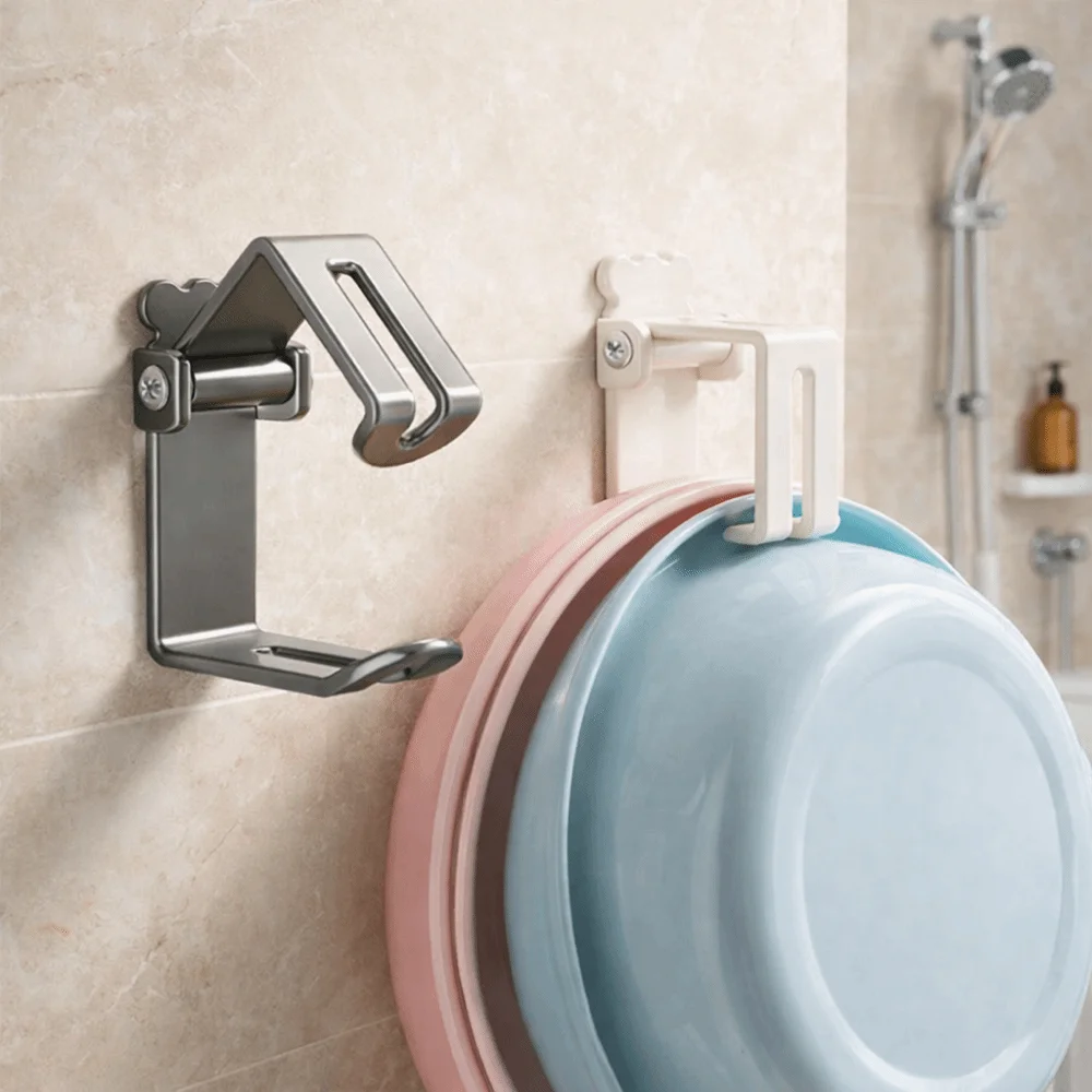 2 Pieces Carbon Steel Wash Basin Hooks Wall Mounted Punch-Free Basin Storage Rack Folding Adjustable Washbasin Organizer Toilet