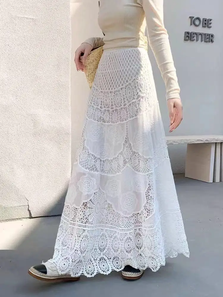 Heavy Industry Crochet Hollow Lace Skirt Women's Summer Mid Long Elastic Waist Thin Big Pendulum A-Shaped Skirt Long Skirt Women