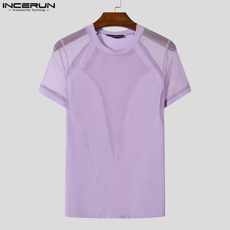INCERUN Men Simple T-shirts 2026 Fashion Mesh Patchwork Tee Tops Casual Handsome O-Neck Patchwork Breathable Camiseta Streetwear