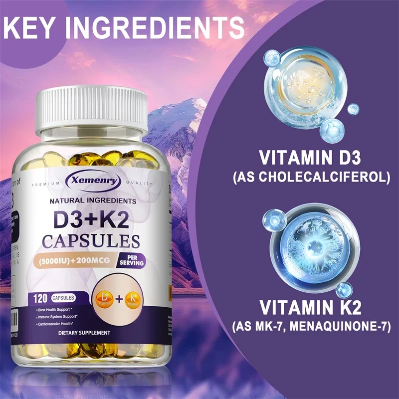 Vitamin D3+K2 Capsules - Supports Heart, Bone and Immune Health, Promotes Blood Circulation and Improves Sleep Quality