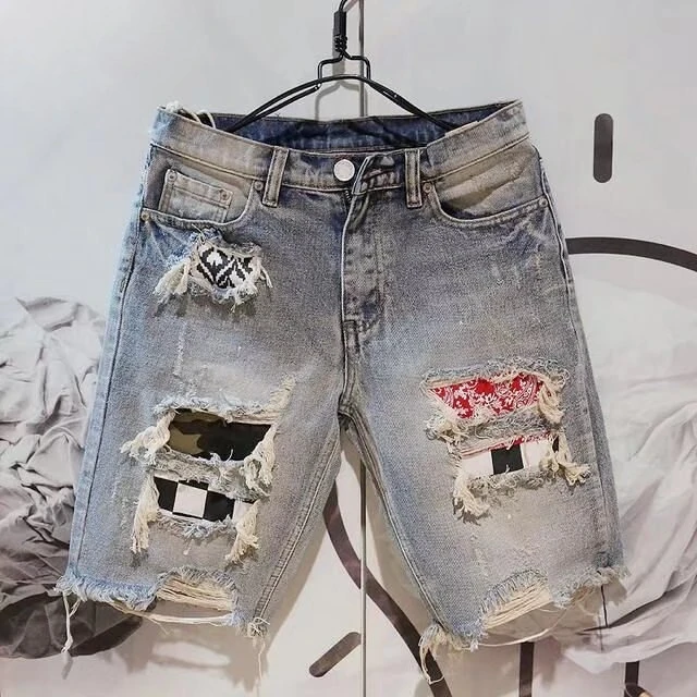 

Summer New Trendy Distressed Denim Shorts for Men Trendy Brand Lightweight Ragged Style Five-pocket Design