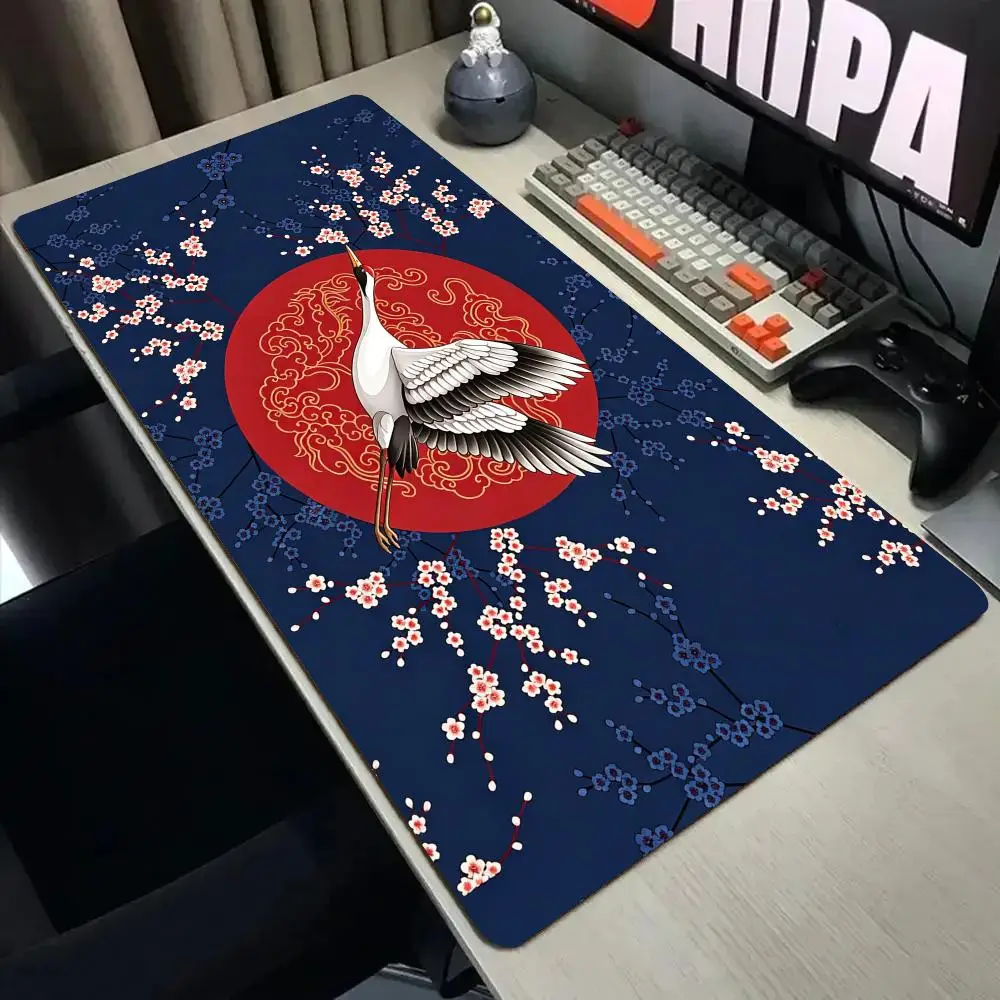 Ukiyo-e Style Red-crowned Crane Mouse Pad Desk Mat Stitched Edge XXL Mousepads Rubber Anti-slip Gamer Keyboard Rug Gaming Mats