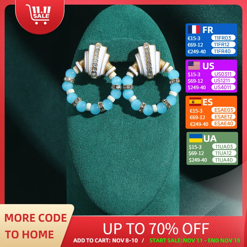 

Vintage White Shell Large Blue Beads Earrings Woman Circular Silver Color Inlays Rhinestone Elegant Luxury Quality Jewelry 2025