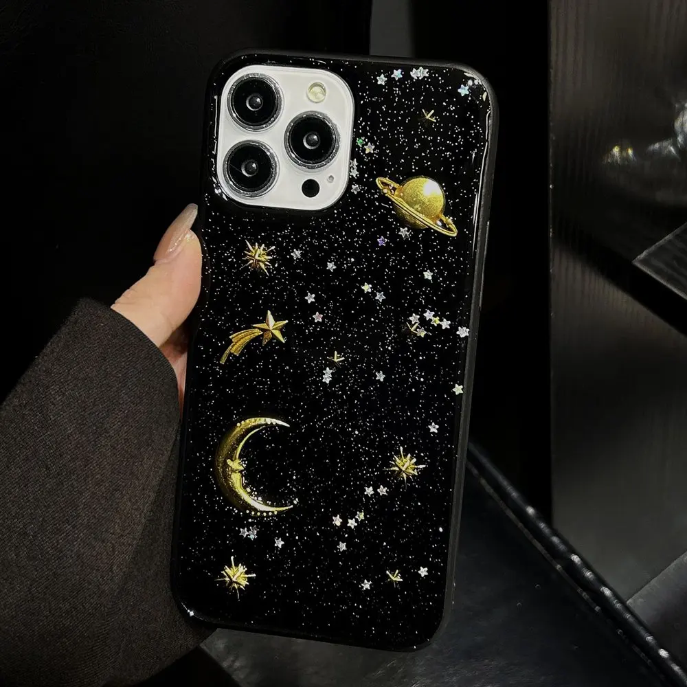 

Universe Starry Sky Moon Phone Case for iPhone 16 11 12 13 14 Pro Max 15 Plus Epoxy Shell Glitter Black Shockproof Back Cover