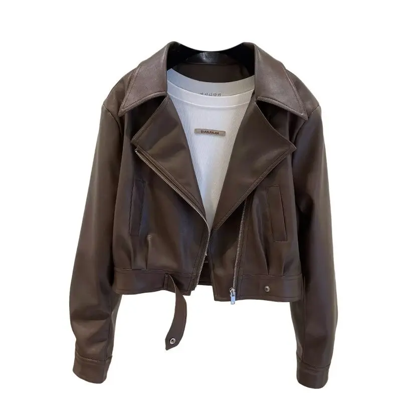 Europese Temperament Revers Leren Jas Dames Fluwelen Herfst Nieuwe Korte PU Leer Dunne Veelzijdige Jas Vrouwelijke Slanke Jas