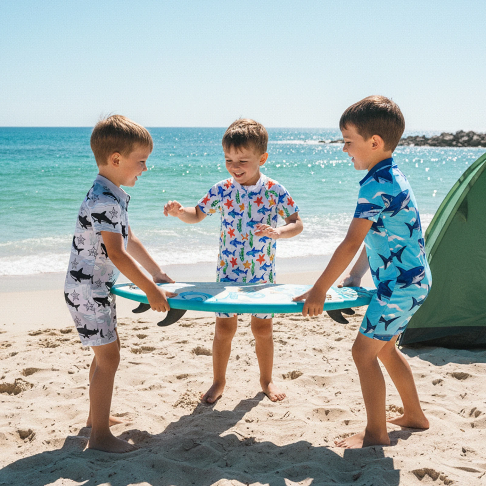 Summer Toddler Boy Rash Guard Swimsuit Cartoon Print Front Zipper Short Sleeve Romper Swimwear Clothes