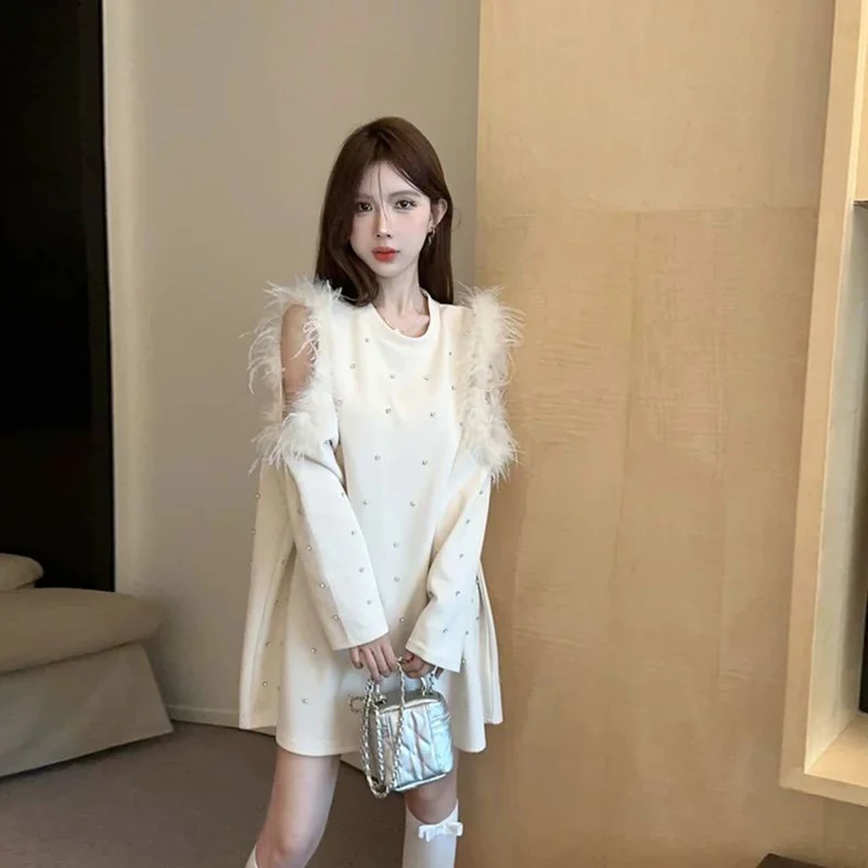 Women 150kg Plus Size Pure Desire Blouse Feather Patchwork Cold Shoulder Hollow Out Heavy Rhinestone Loose Long Sleeve T‑Shirt