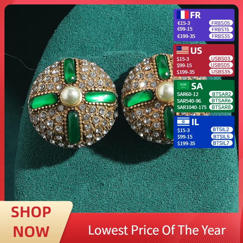

Vintage Rhinestones Stud Earrings Cubic Zircon Green Antique Jewelry Charm Gold Color Luxury Brand Woman Accessories 2025 New