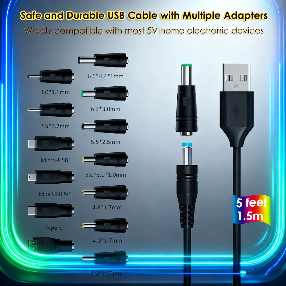 Universelles USB-auf-DC-Stromkabel, 1,5 m/5 Fuß langes Ladekabel mit 13 DC-Steckeradaptern, 5 V 5,5 x 2,1 mm Klinke für Telefon, BT-Lautsprecher, Router