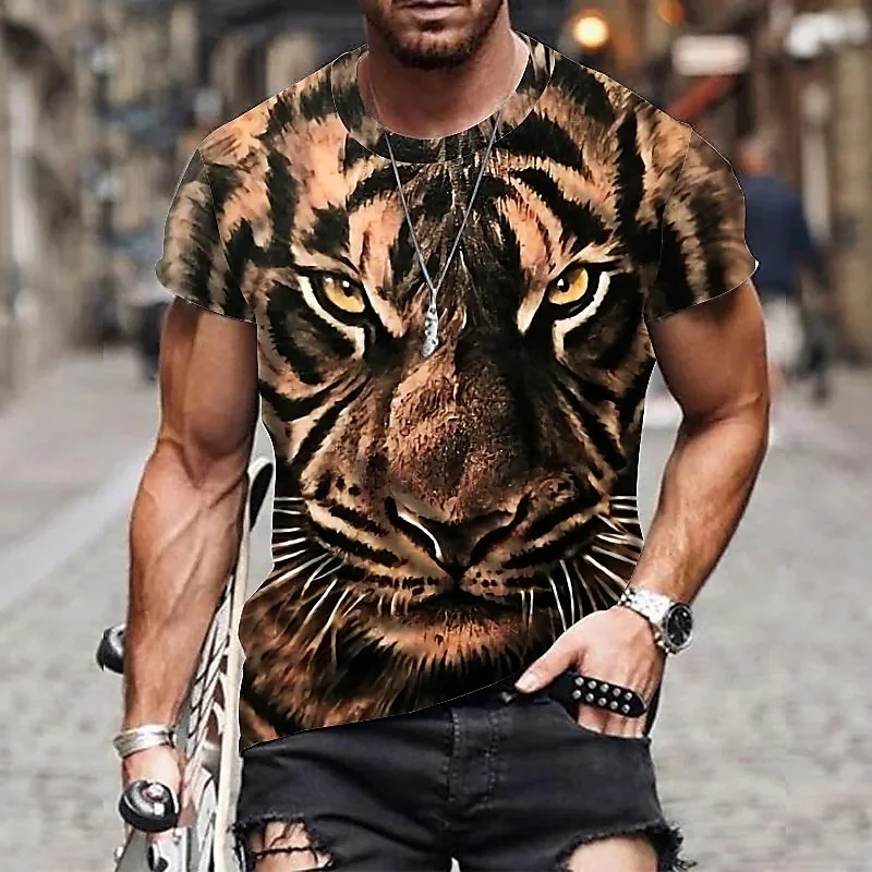 3D Printed Cool Tiger T-Shirt For Men Fun Animal Pattern Tees Summer Street Short Sleeve Round Neck Tops Oversized T Shirts