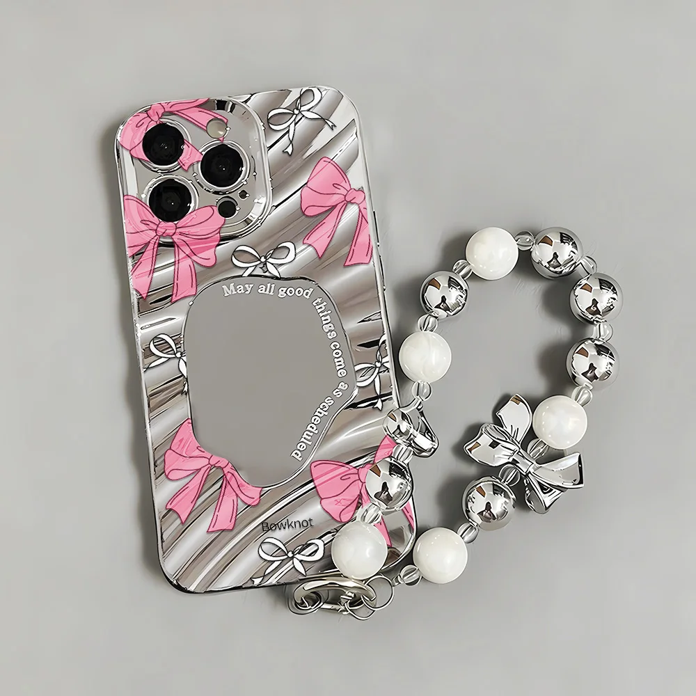 Pink Bowknot Silver Mirror Phone Case For iPhone 17 Pro Case iPhone 13 14 12 11 15 16 Pro Max Wave Glossy Cover With Lanyard