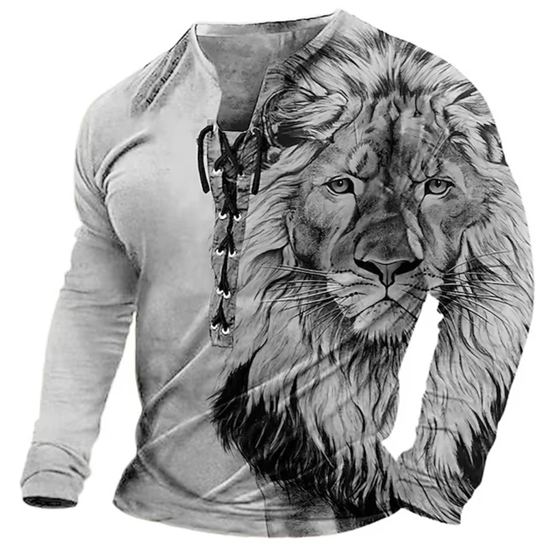 Classic Graphic Print Mens T Shirts 2023 Spring Long Sleeve Drawstring Tie-up V Neck Tops Men Clothes Casual Loose Pullover Tops