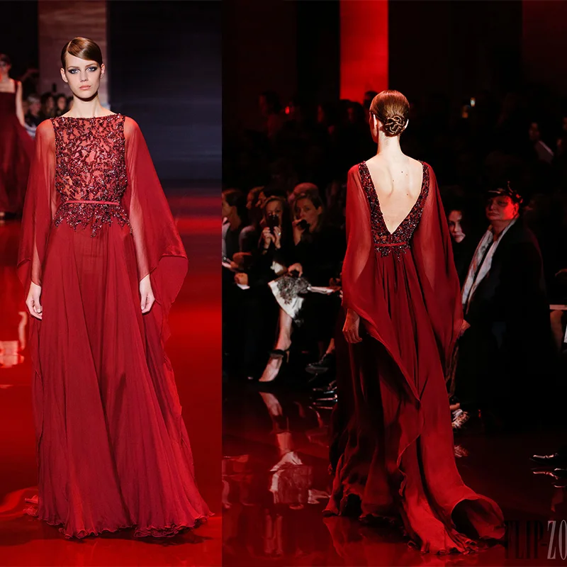 L381 Elie Saab Wine red Chiffon Beaded V Back فساتين السهرة vestidos de fiesta  فساتين سهره evening dress