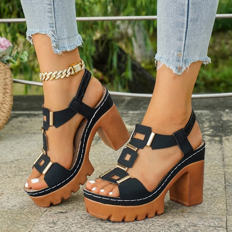 Geometric Metal Accent T Band Heeled Sandals Stretch Elastic Rear Ankle Strap 2.95Inch Serrated Platform Casual Street Footwear
