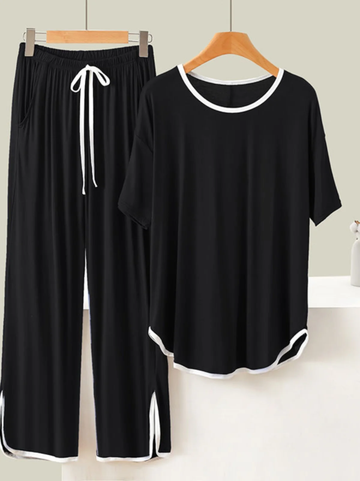 

plus Size Summer Sleepwear Set round Neck Short Sleeve Thin Long Pants Comfortable Home Clothes Women's Loose Fit Two-Piece Suit