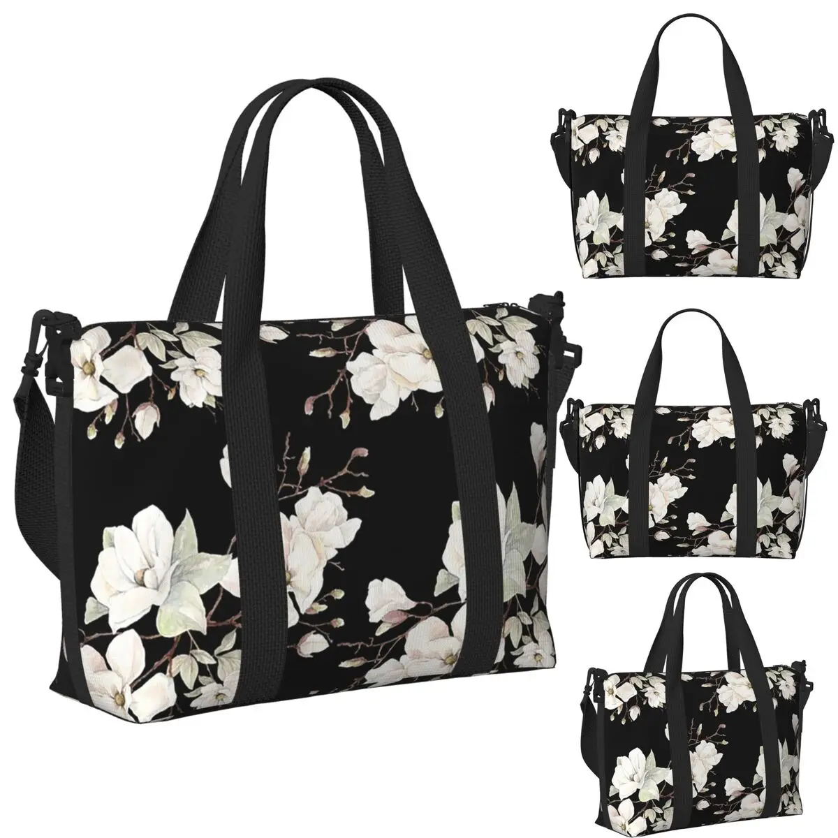 

White Magnolia Flower Pattern Beach Travel Bag Large Capacity Tote Bags for Gym Sport Women Shopping Duffle Shoulder Bag