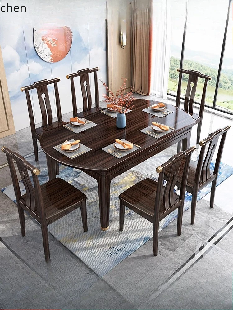 

LXC all solid wood dining table and chair combination telescopic folding small apartment household variable round dining table