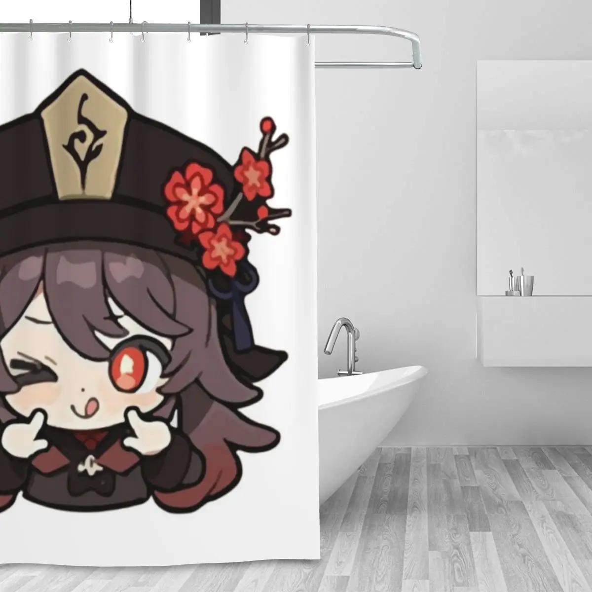 Genshin Impact Hu Tao Winking Shower Curtain Bathroom Polyester Waterproof Bath Curtains with Hooks