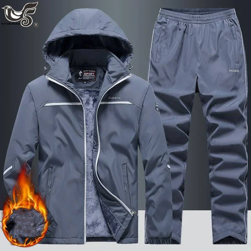 Men\'s Tracksuit Winter Soft Hooded Fleece Sweatsuits Warm Pullover Joggers Sports Suit Coat 2 Pieces Hoodies + Pants Outfits Set