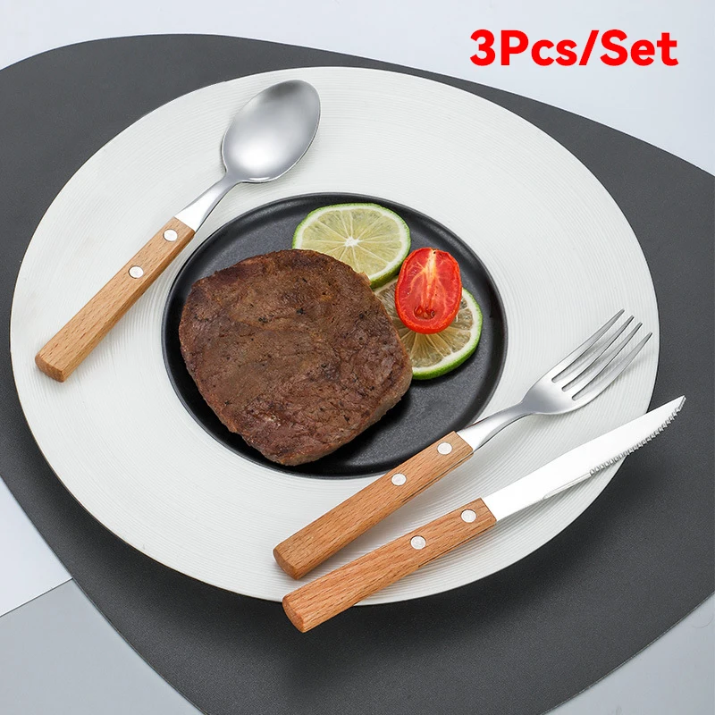 

1Set Wooden Handle Cutlery Set Mirror 304 Stainless Steel Dinnerware Wood Handle Spoon Knife Fork Dinner Tableware Set Kitchen
