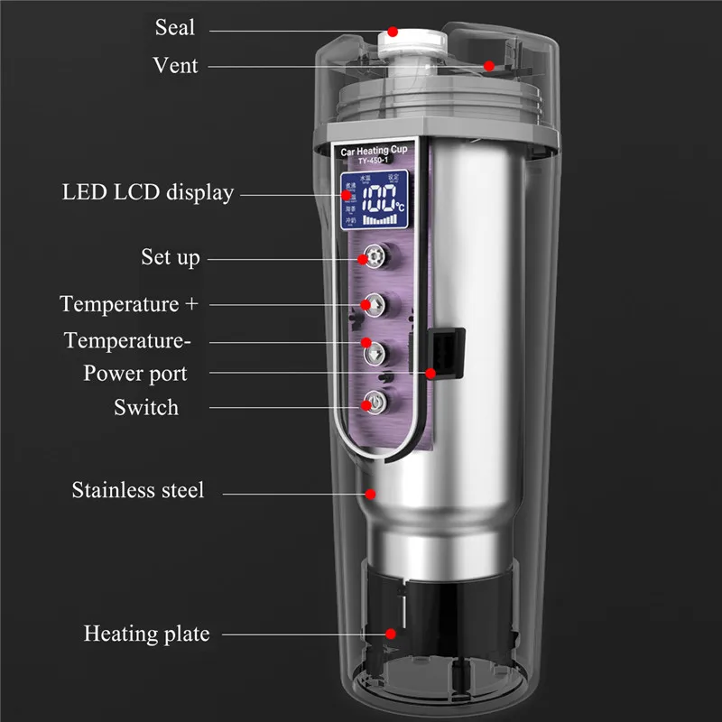 12v/24v Portable Vehicle Heating Smart Cup Temperature Display Stainless Steel Car Electric Cup Thermos Water Heater Car Supplie