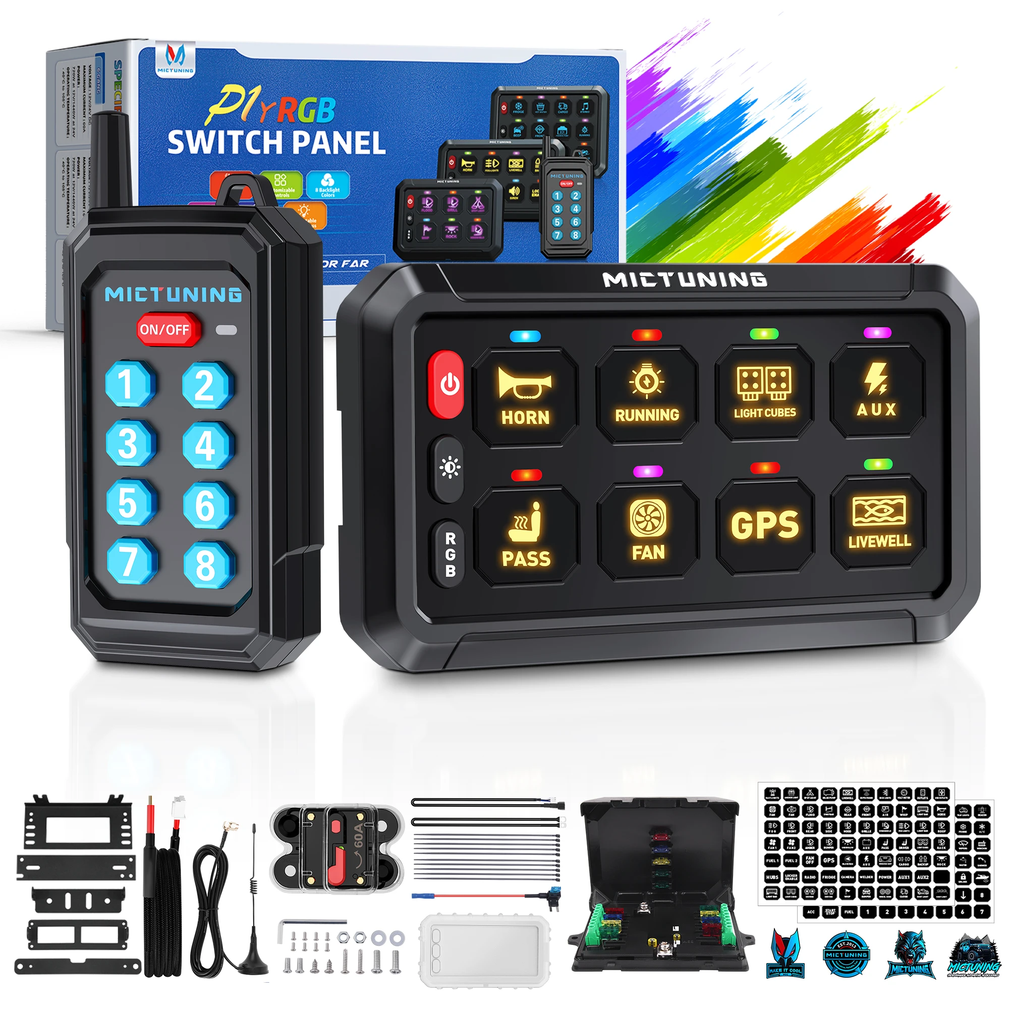 

MICTUNING P1Y Switch Panel with Wireless Remote Control, 8 Gang Circuit Box RGB Colors Toggle Switch Momentary Circuit Control