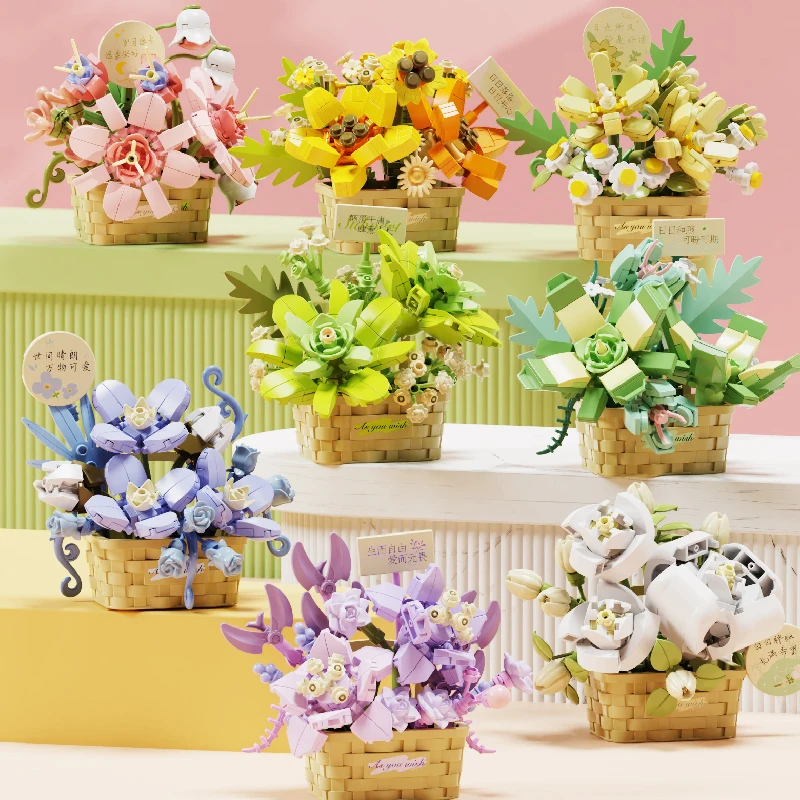 Potted Flower Basket Building Blocks Creative Bonsai Plant Bouquet Model Assemble Bricks Decoration Children's Christmas Gifts