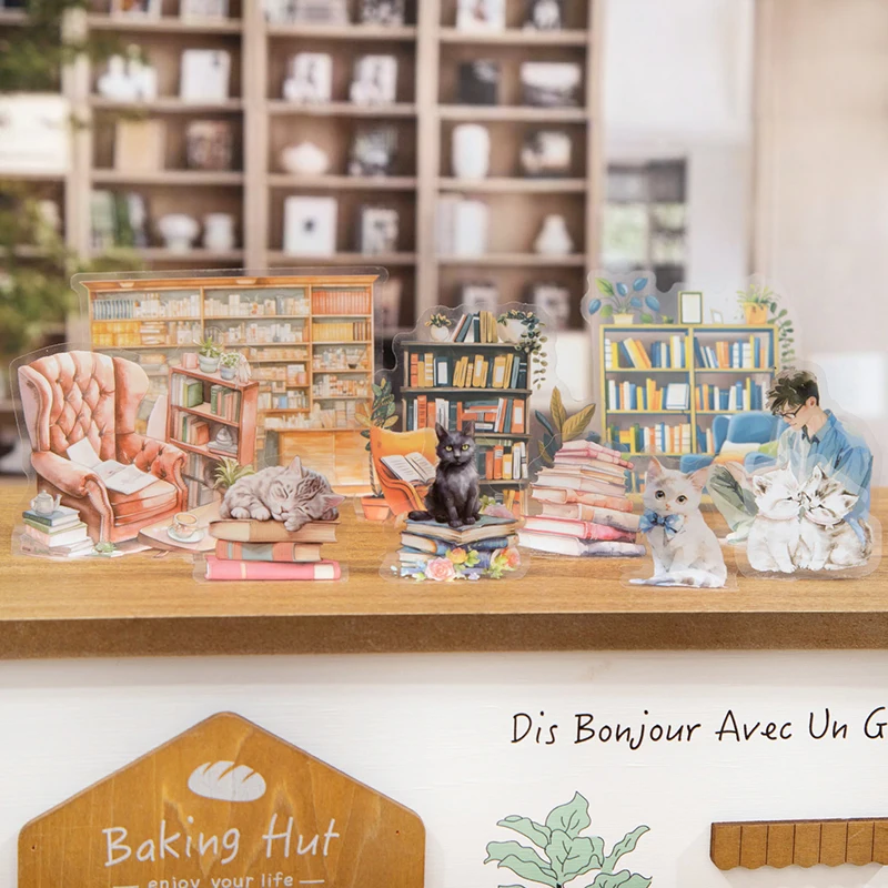 15pcs/bag PET Stickers Warm Bookstore Reading Pet Character Sticker Creative Hand Account Collage Material DIY Greeting Card