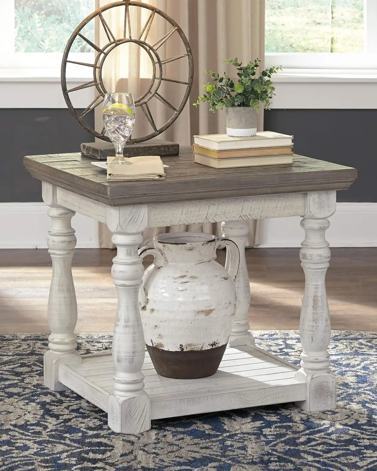 Design by Ashley Havalance Farmhouse Square End Table with Floor Shelf, Vintage Gray & White with Weathered Finish