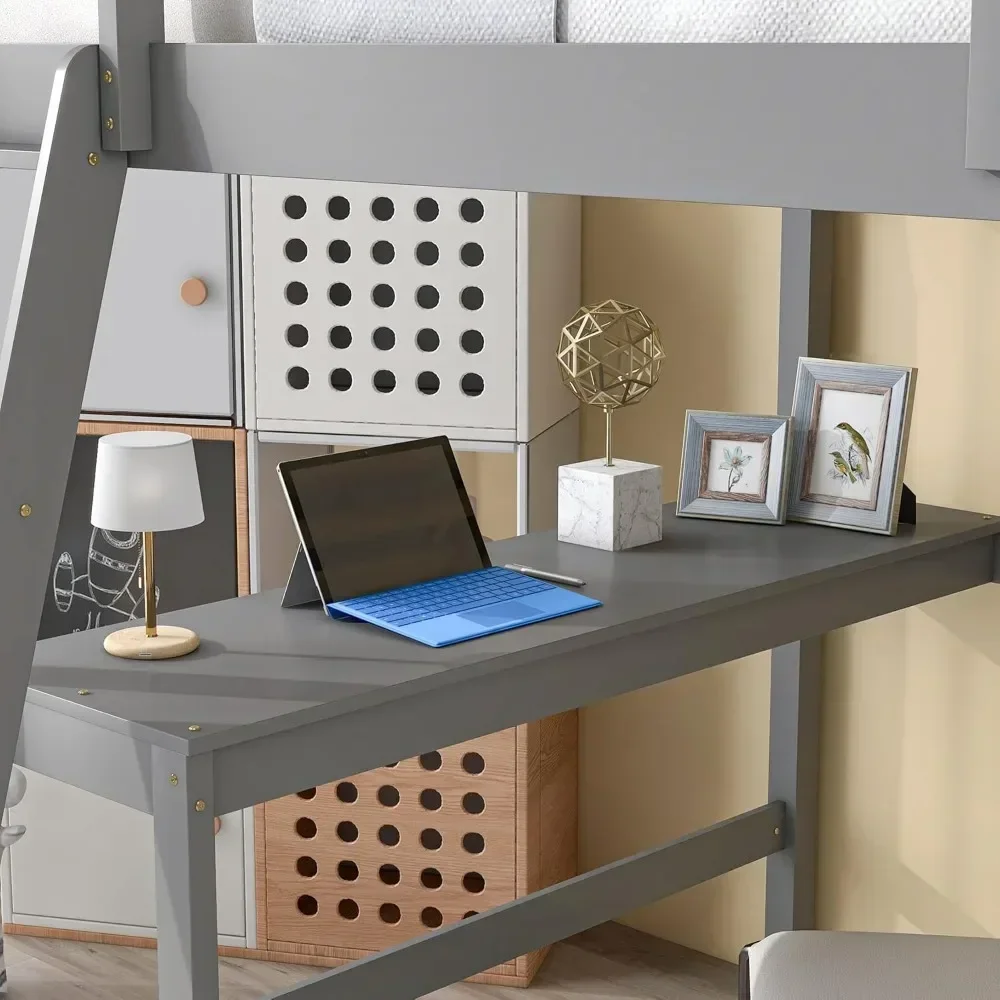 Groot hoogslaper met bureau, reling en ladder, hoge hoogslaperden met bureau en boekenkast, houten hoogslaperframe