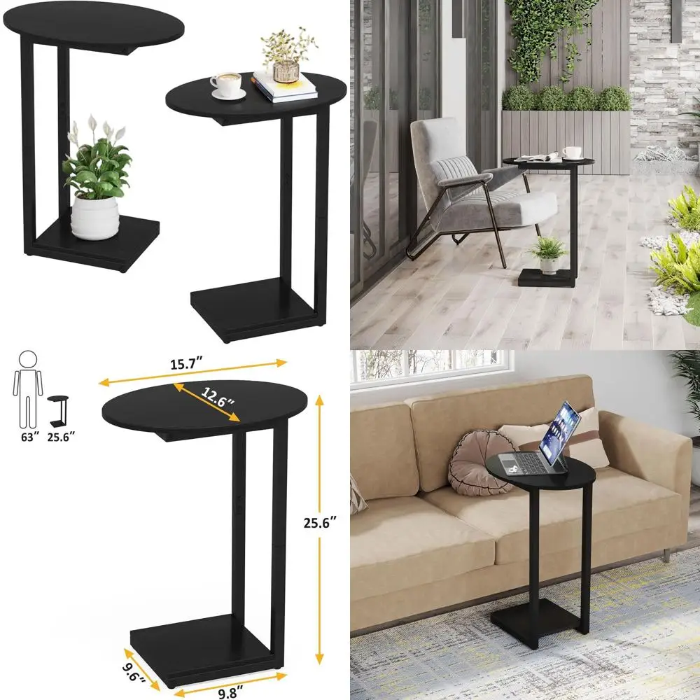 

Компактный набор деревянных приставных столиков C-образной формы, черные журнальные столики из 2 предметов для небольших помещений, идеально подходят для гостиных и спален