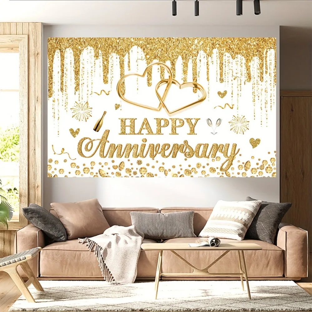 Happy Anniversary background Gold and white banner decoration, gold dripping glitter crystal photography background