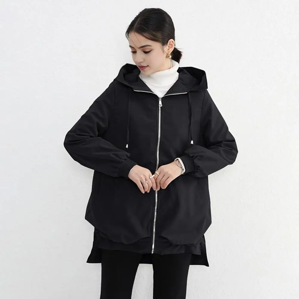 

Solid Color Women Jacket Stylish Windproof Hooded Cardigan for Women with Split Hem Zipper Closure for Outdoor Activities Travel